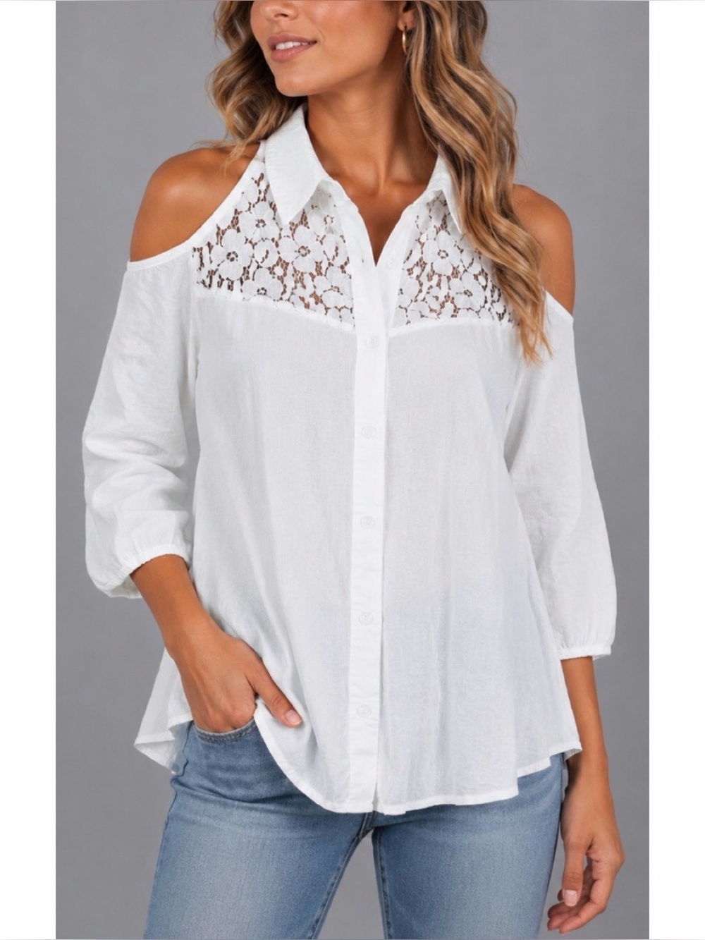 MUST HAVE • White Floral Lace Cold-Shoulder Button-Up Blouse, XS